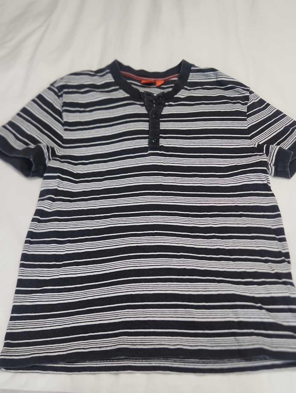 BOSS Hugo Boss Black and White Striped Short Sleeve Henley Tee